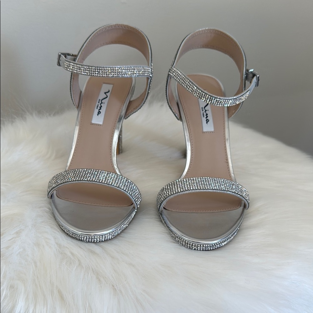 Nina Silver High Heeled Sandals with Rhinestone Embellishments